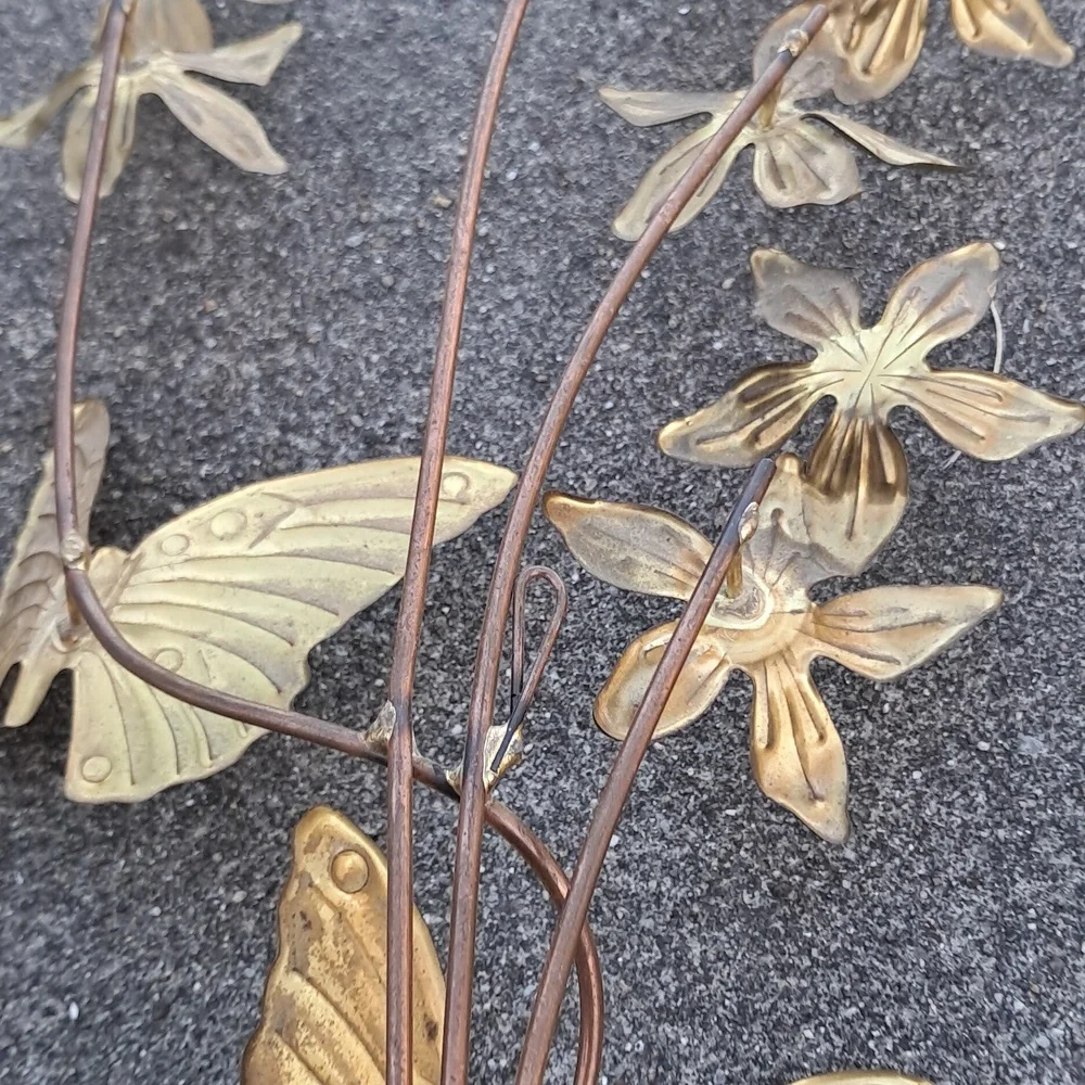 3 Vintage MCM Pair Brass Metal Butterfly Hummingbird Flower Art Wall Hangings